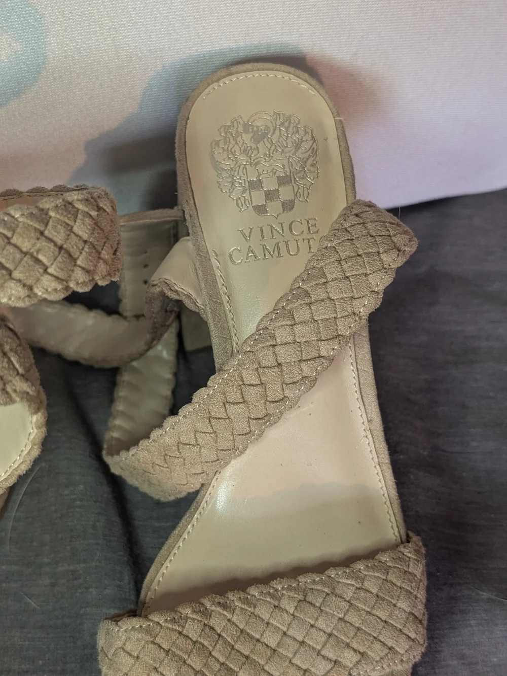 Vince Camuto Taupe Woven Strappy Block Heel Sandals 8.5